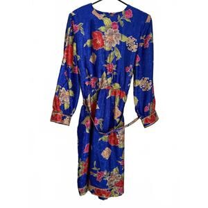 NEW Vintage Schrader Petite Dress Size 16P Floral Midi Blue Pink Polyester